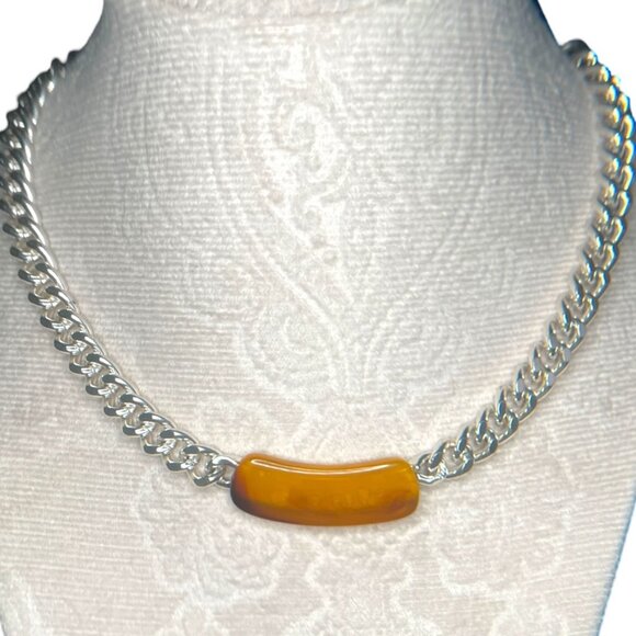 GIVENCHY VINTAGE SILVER TONE NECKLACE CHAIN FAUX AMBER 5/16 " X 16" - Picture 9 of 10